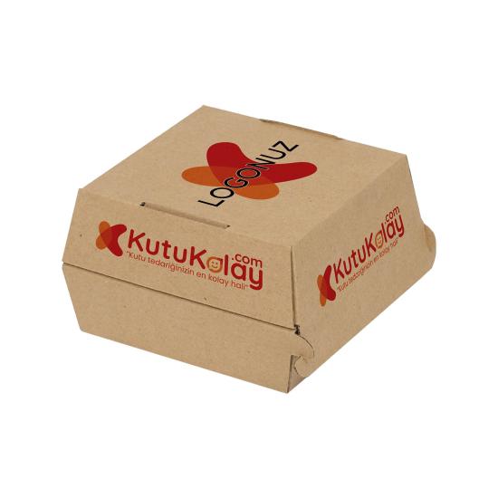 Tekli hamburger Kutusu 12 x 12 x 8.5 cm Kraft Oluklu (Özel Baskılı)